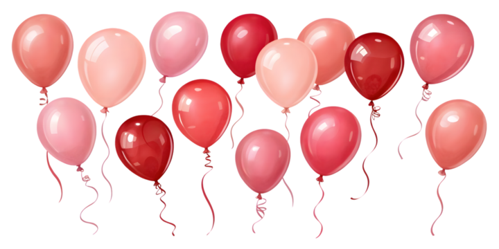 A collection of red and pink balloons isolated on transparent background
