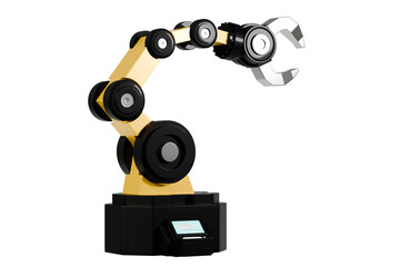 3d Mechanical arm in the isolated on white background, industrial robot, robot arm. Minimal Yellow and Black robotic arm with grey gripper standing. 3d rendering.