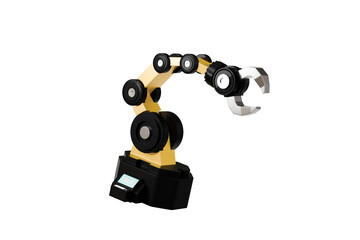 3d Mechanical arm in the isolated on white background, industrial robot, robot arm. Minimal Yellow and Black robotic arm with grey gripper standing. 3d rendering.
