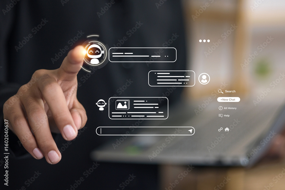 Poster artificial intelligence chatbot ui interaction on virtual screen