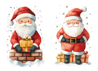 Christmas watercolor Santa Claus character with gift bag climbs into the house through the chimney cute holiday festive illustration for winter celebration greetings cards and posters