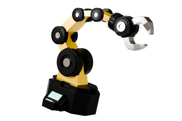3d Mechanical arm in the isolated on white background, industrial robot, robot arm. Minimal Yellow and Black robotic arm with grey gripper standing. 3d rendering.