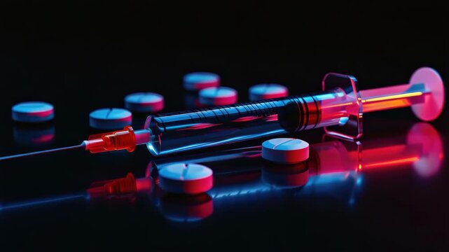 The  depicts a syringe with red liquid next to pills on a surface, symbolizing the issue of drug addiction and abuse.