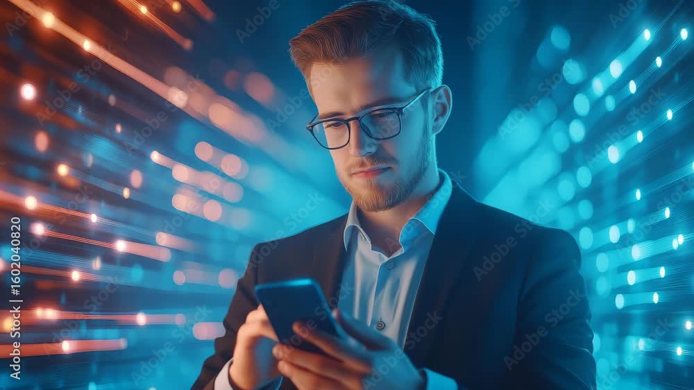 Poster businessman using smartphone with fast digital data flow background.