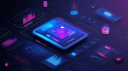 Sleek AI control center with floating holographic analytics