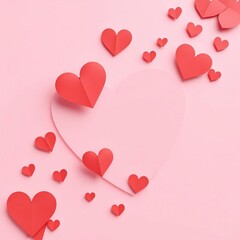 Scattered red paper hearts on a soft pink background for valentine s day