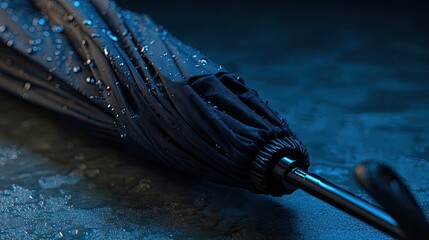 Umbrella folded tightly with droplets clinging to fabric placed in club compartment cool shadows and sharp light contrast