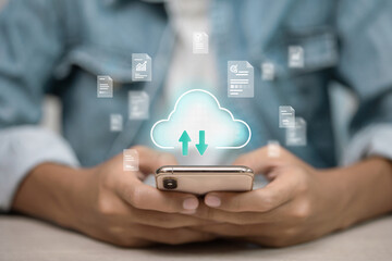 Mobile cloud storage concept with file upload and download icons