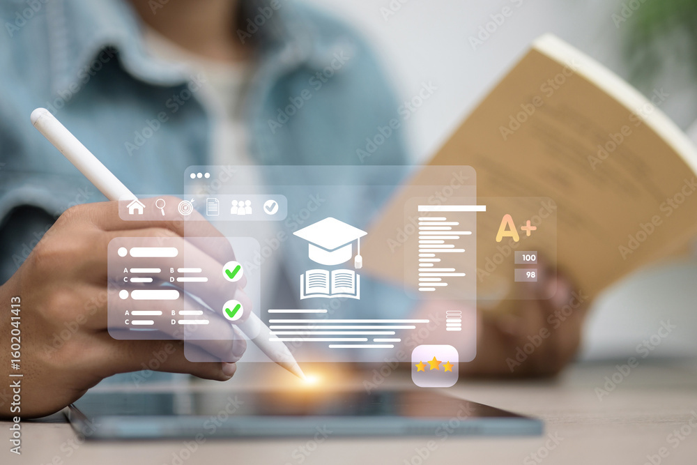 Poster digital learning system with quiz and report on tablet