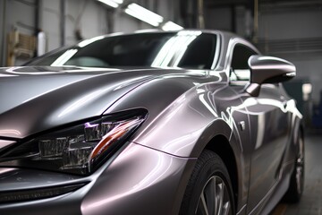 Fototapeta premium The garage has a shining silver vehicle