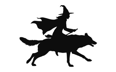 Fototapeta premium Silhouette of Witch Riding a Wolf Against White Background