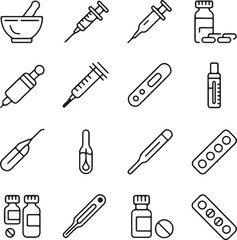 Obraz premium Medical and Pharmaceutical Icon Set in Outline Style A Comprehensive Collection of Healthcare Symbols for Design Including Syringes Pills Thermometers and More for Medical Projects