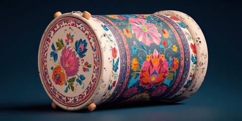 Folk Art Illustration of Traditional Storytelling Drum with Floral Motifs