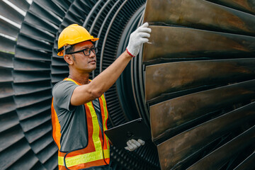 Professional Asian engineer male working service power plant turbine fan blade electrical generator