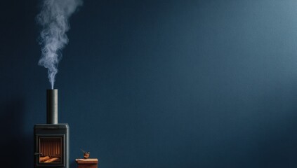 Dark-toned room with wood stove and smoke