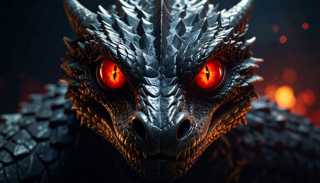 close up of a dragon snake with red eyes