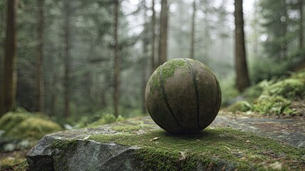 Weathered basketball resting on a mossy stone slab in a misty forest filtered natural light and soft green-brown palette