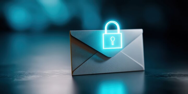 Futuristic 3D Encrypted Email Icon with Glowing Lock in Cybersecurity Setting
