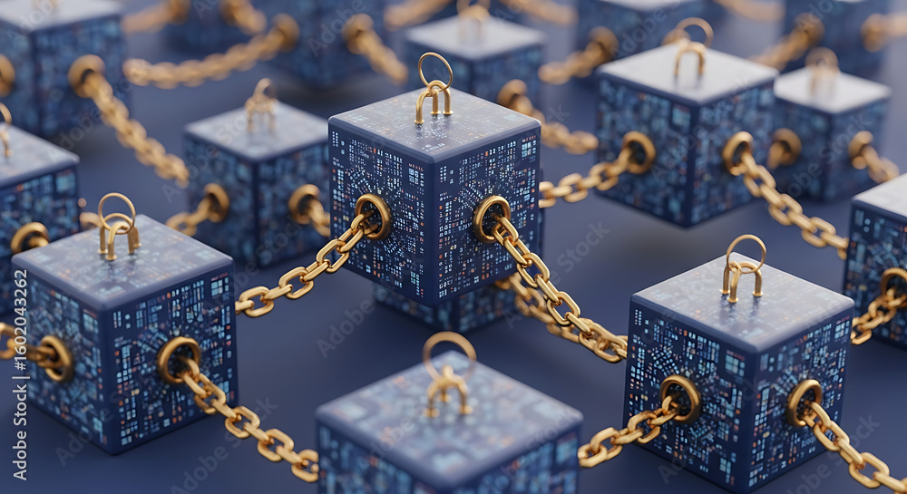 Poster a conceptual rendering of a blockchain showing interconnected blue cubes with golden chains linking 