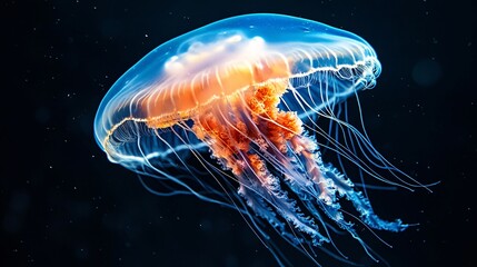 Close-up of a vibrant jellyfish against a dark backdrop.