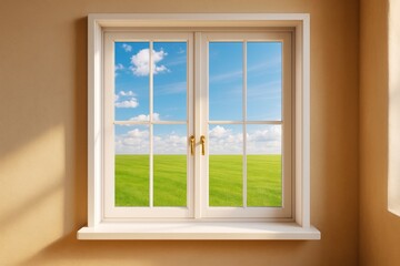 Bright modern interior with window view of green field and blue sky with clouds, sunlight casting soft shadows on beige wall background.