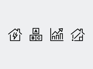 Fototapeta premium Four Black Line Icons of Houses with Symbols on a Light Background