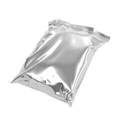 Obraz premium Shiny silver foil pouch packaging with sealed top isolated on transparent background
