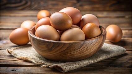 Fresh organic brown eggs in a wicker basket on a rustic wooden table, ready for a healthy breakfast