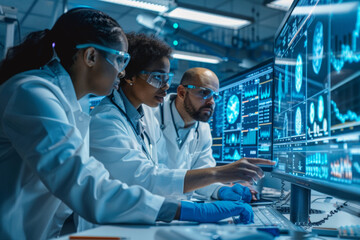 Genomics research team conducting personalized medicine analysis in laboratory environment enhancing health insights