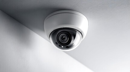 White surveillance dome camera mounted in corner high above for enhanced security and monitoring