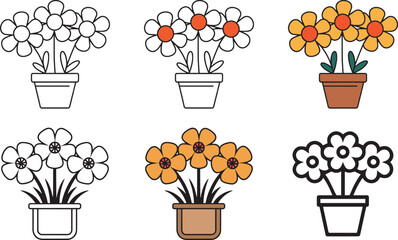 Colorful Flower Pots Icon with Blooming Vase PNG   Vector Illustration