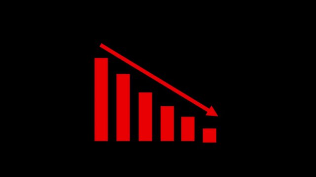 Animated red bar graph with a downward arrow on a black background. Minimalist icon animation showing decline.