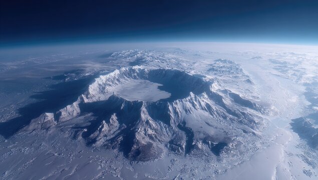 Vast, icy caldera, ringed by snow-capped peaks, from space