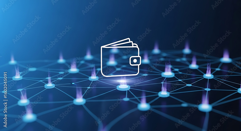 Poster white wallet icon above a network of interconnected nodes on a blue gradient background