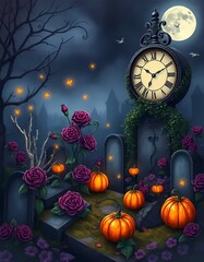A dark enchanting halloween garden wit eerie blossoms bloom uner a full moon, gothic roses, glowing pumpkins, cracked tombstones and mossy soil, misty landscape, a vintage clock, wallpaper