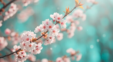 Obraz premium Dreamy cherry blossoms against a soft teal background