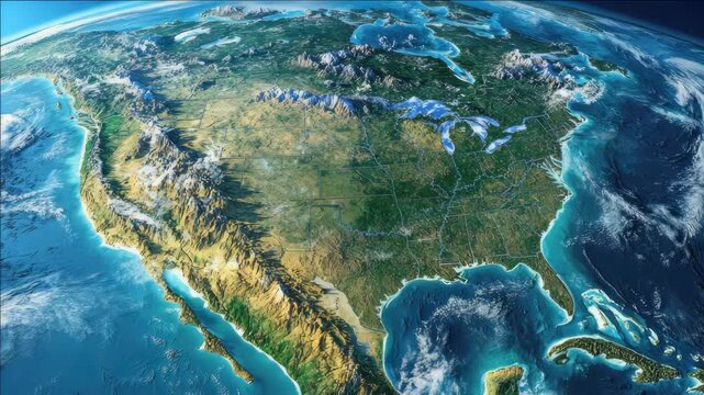 Map showing a panoramic view from space of the contiguous USA with detailed land and water features.