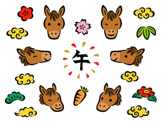 手描き風の馬の顔と和風のアイコンセット