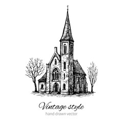 Vintage vector sketch tile old European house, mansion, Historical building sketchy line art isolated, touristic postcard, poster, calendar template, page idea with European house, book illustration