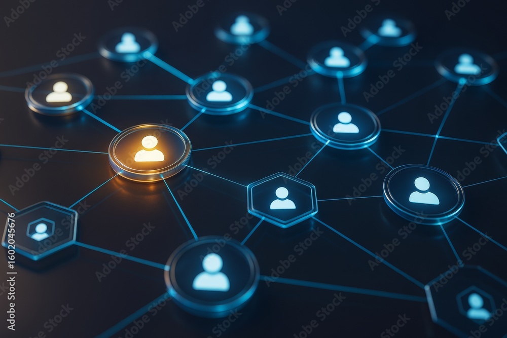 Poster glowing user icons connected by lines in a digital network with blue and orange light effects on dar