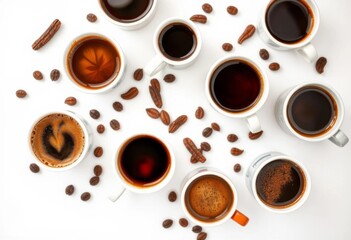 Obraz premium Aromatic hot coffee in various cups on a clean white background, top view, top view, stock