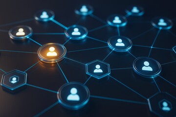 Glowing user icons connected by lines in a digital network with blue and orange light effects on dark background, representing communication and data flow.