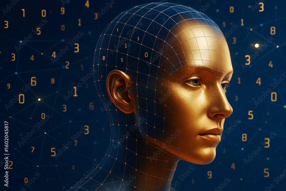 Poster futuristic golden humanoid head with digital grid and numbers on dark tech background, symbolizing a