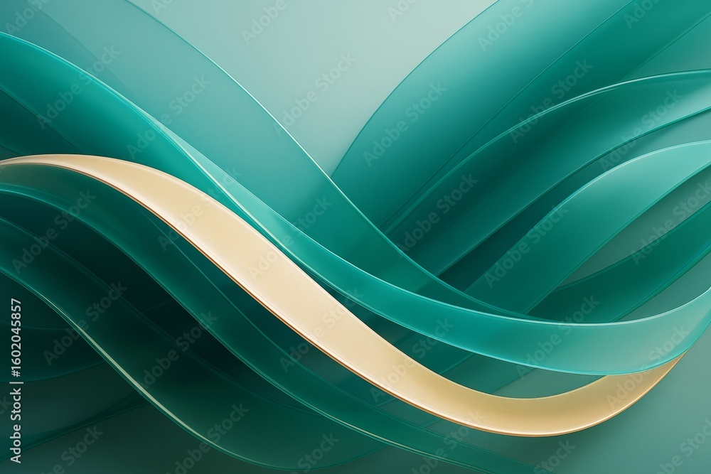Poster abstract teal and gold flowing ribbon shapes on smooth gradient background in modern light graphic c