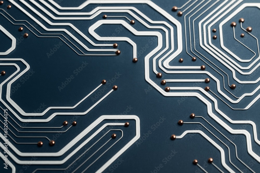 Poster abstract close-up of futuristic circuit board connections with white lines and copper nodes on dark 
