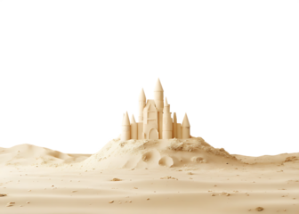 Elaborate sand castle on sandy hill isolated on a transparent background beach fortress