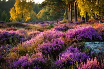 The heather s purple and violet flowers on a sunny September day