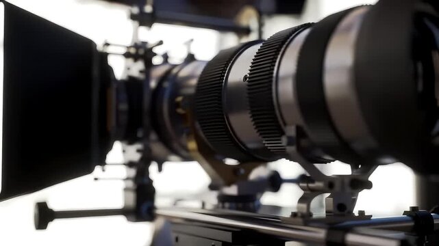 Close-up of a professional film camera's lens and matte box, showcasing intricate details and high-quality construction.
