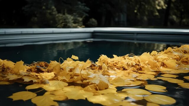 Golden autumn leaves floating on surface of swimming pool, creating tranquil and picturesque scene.