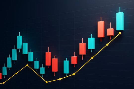 Colorful candlestick chart and yellow trend line on dark background showing financial market growth and data analysis concept in abstract graphic style. - Powered by Adobe
